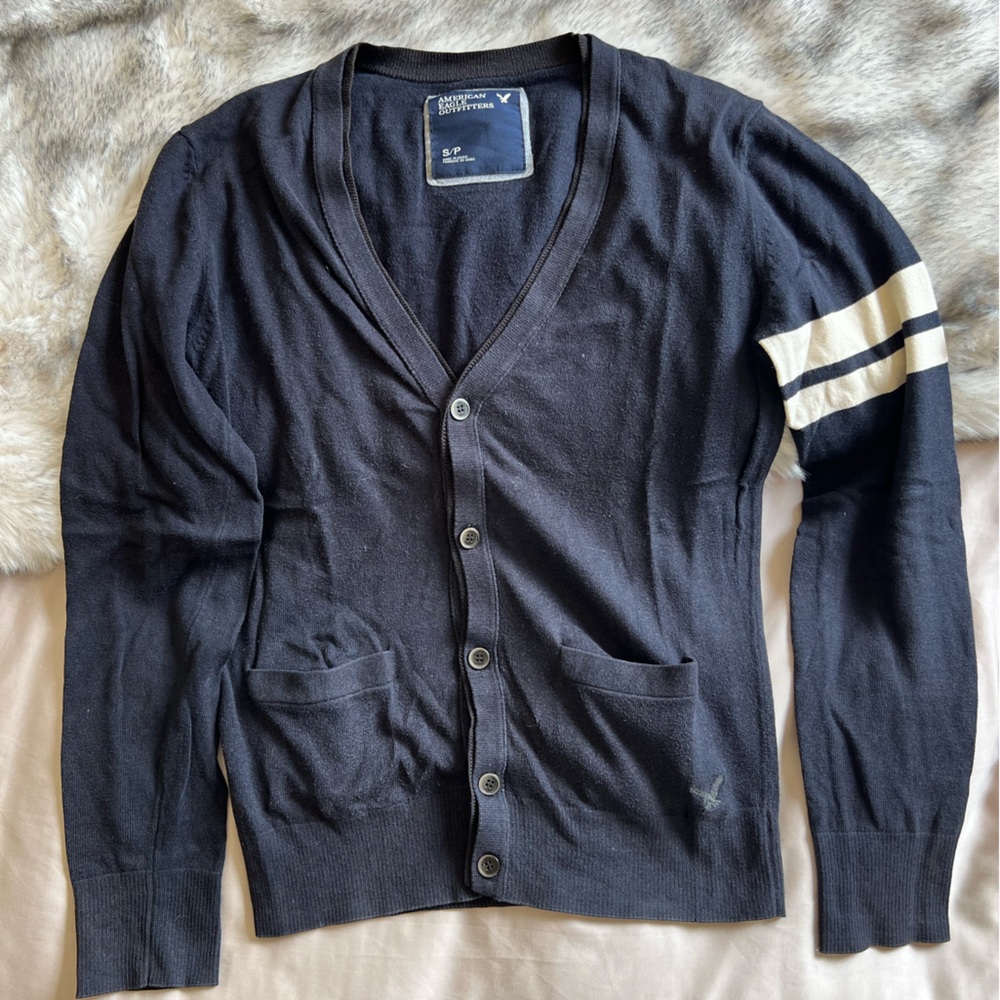 American Eagle Navy Cardigan with Stripe Detail